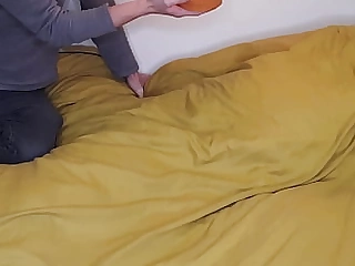 Stepbrother with cake for stepsister's happy birthday caught her masurbating in bed and fucked her.