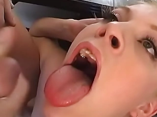 A slender blonde deep throats a guy's cock and then lets his prick into the booty and gets cum on her complexion