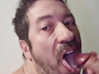 French faggot Stephane Bordet takes another geyser of jism in his gullet while big-chested the cock of another from at his glory hole.