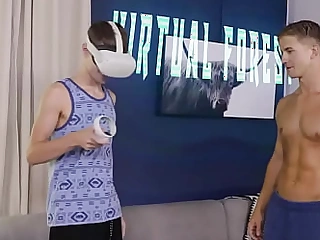 Gay roommates undertaking with vr googles and screw