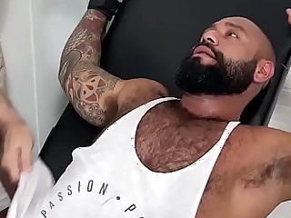 Bearded black hunk confined for body tickling torturing