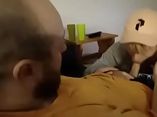 Hot daddy sucked on sofa